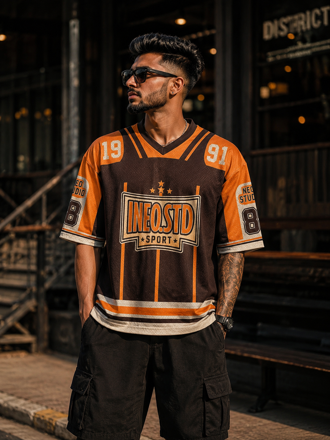 INeo Studio 69 Oversized Sports Jersey – Brown & Orange