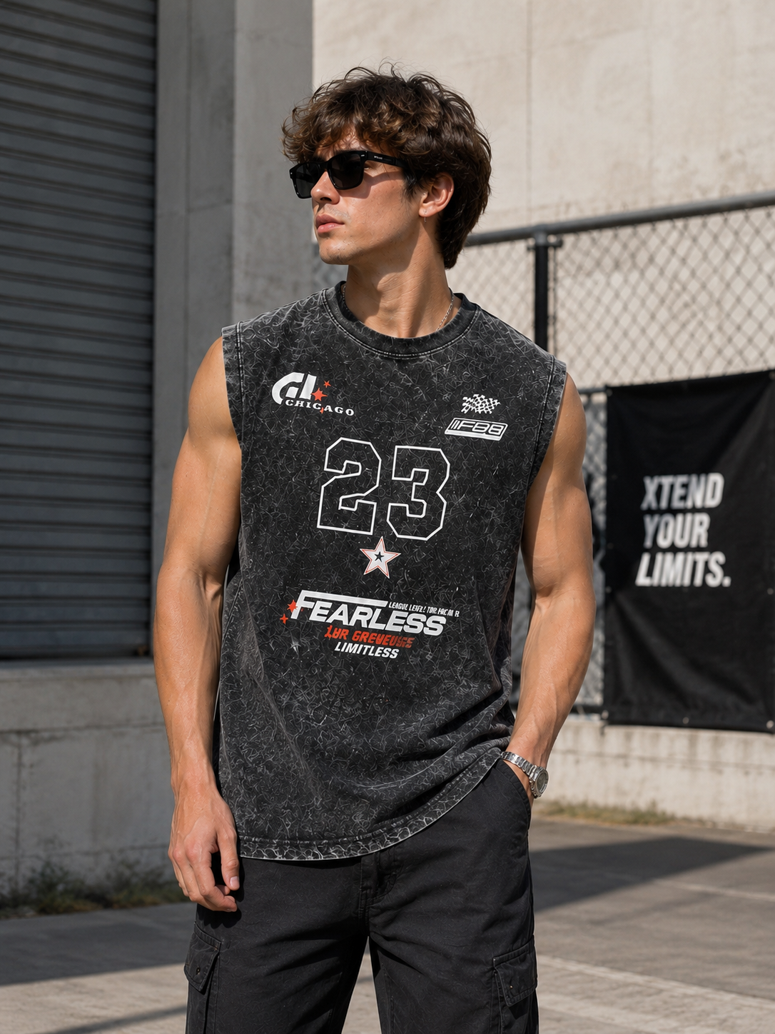 Fearless 23 Acid Wash Sleeveless Oversized T-Shirt