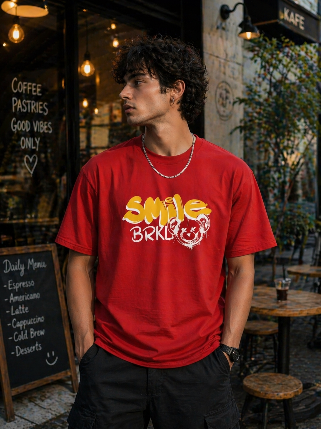 Smile Brooklyn Graphic T-Shirt – Red Oversized Cotton Tee
