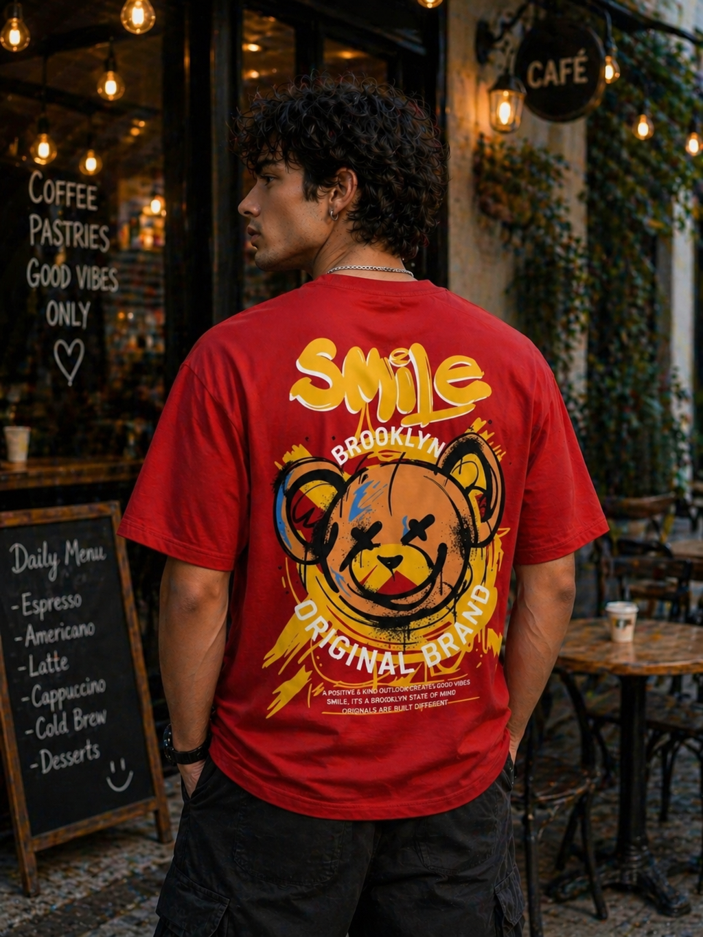 Smile Brooklyn Graphic T-Shirt – Red Oversized Cotton Tee